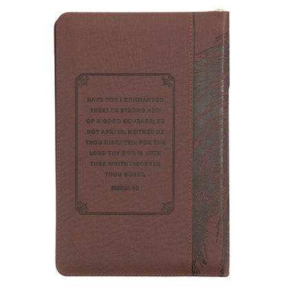 Walnut brown faux leather King James Version deluxe gift Bible with thumb index, lion silhouette, and zippered closure