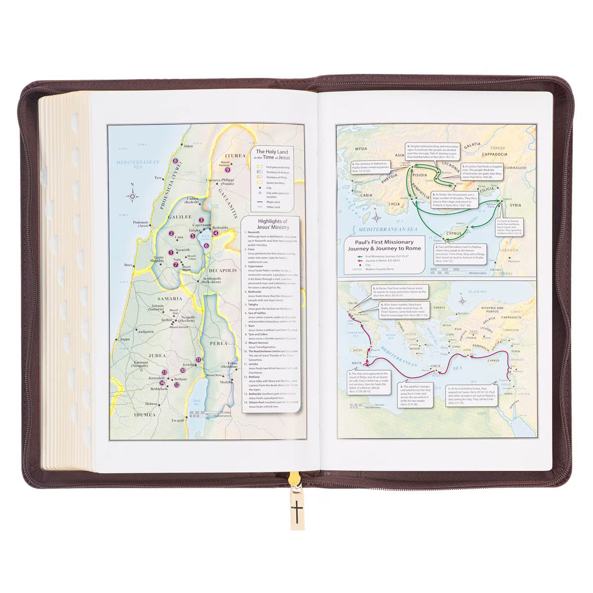 Walnut brown faux leather King James Bible open to colorful maps with thumb index and cross zipper pull closure