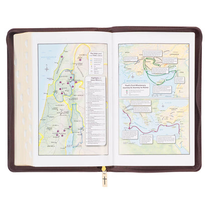 Walnut brown faux leather King James Bible open to colorful maps with thumb index and cross zipper pull closure