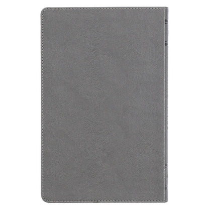 Charcoal gray faux leather cover King James Version Bible with smooth texture and stitched edges