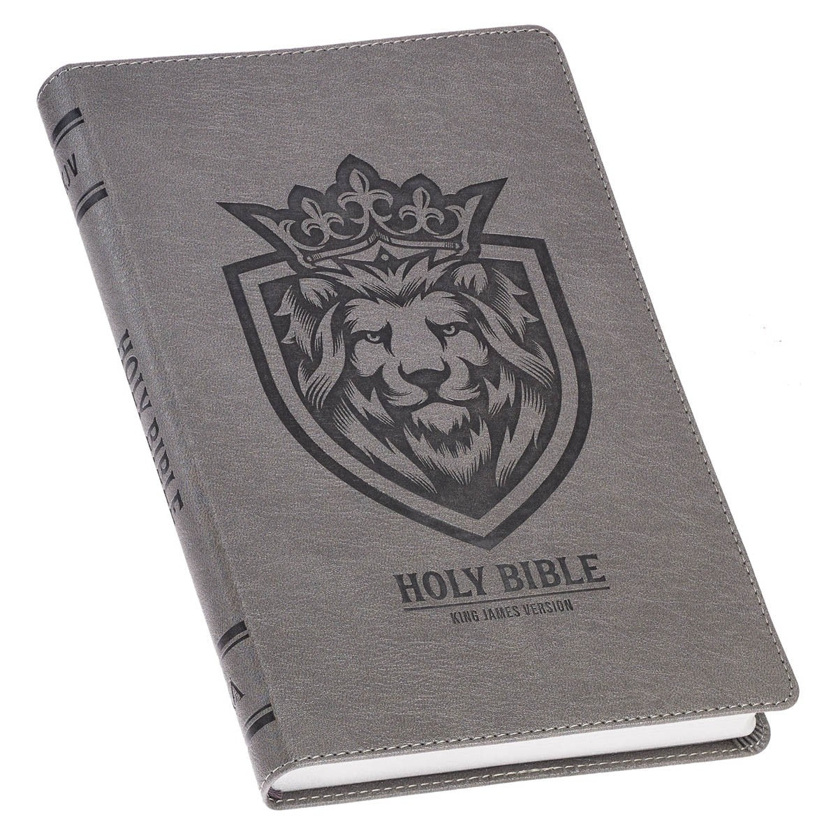 Charcoal faux leather King James Version Bible with embossed crowned lion emblem on front cover and stitched edges