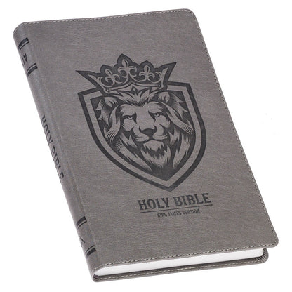 Charcoal faux leather King James Version Bible with embossed crowned lion emblem on front cover and stitched edges