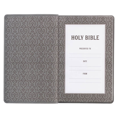Inner cover of Charcoal Faux Leather Gift Edition King James Bible with ornate pattern and gift inscription page