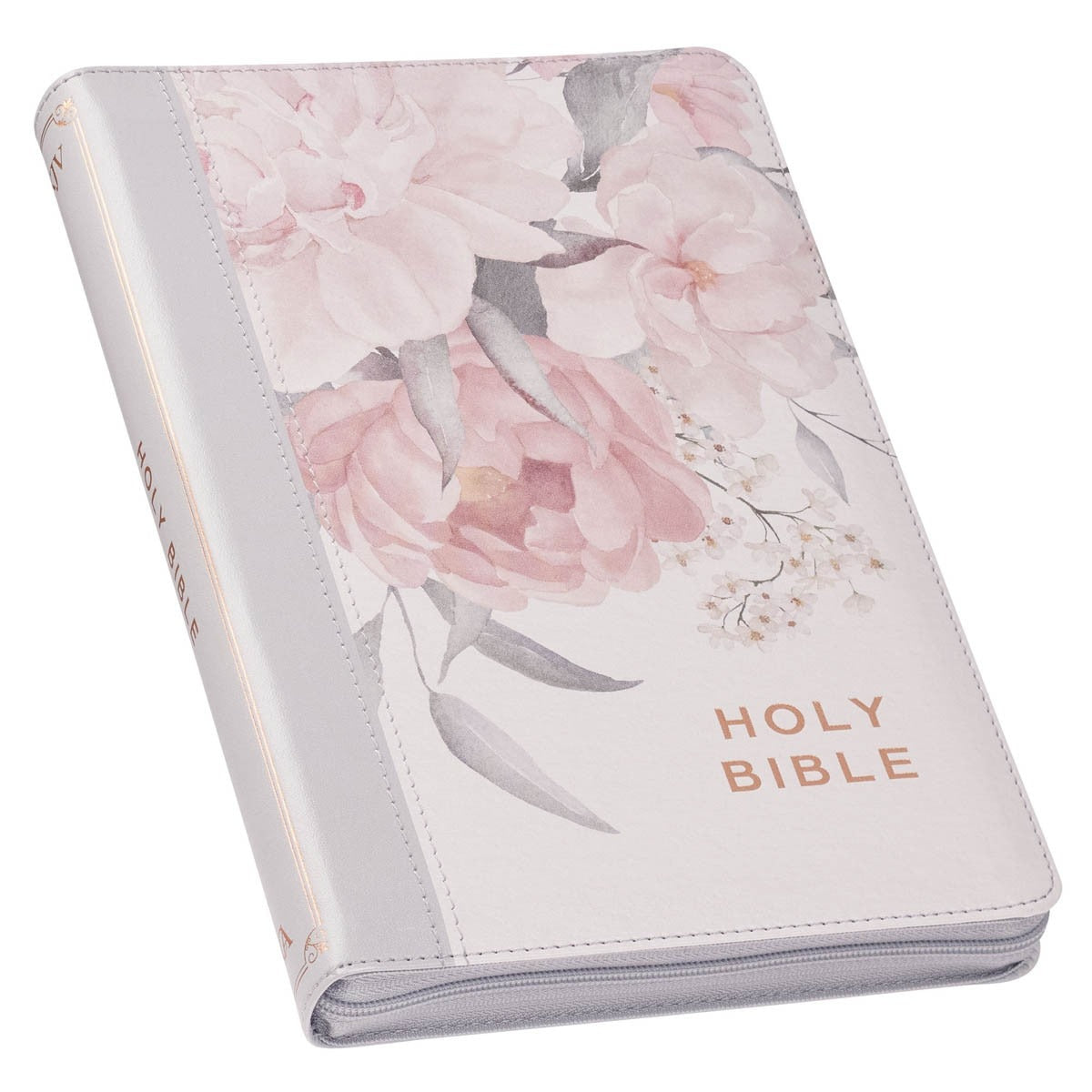 Frosty gray and pink floral faux leather King James Version deluxe gift Bible with zipper closure and thumb index