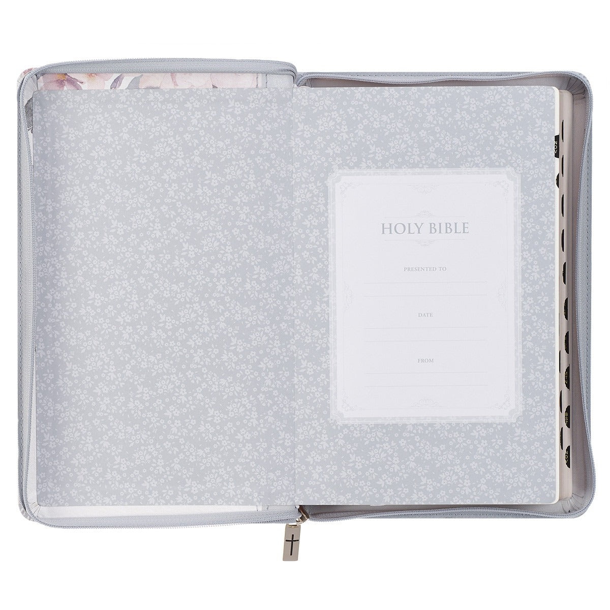Open Frosty Gray and Pink Floral faux leather King James Version Bible with floral endpapers and zipped cover with cross charm pull