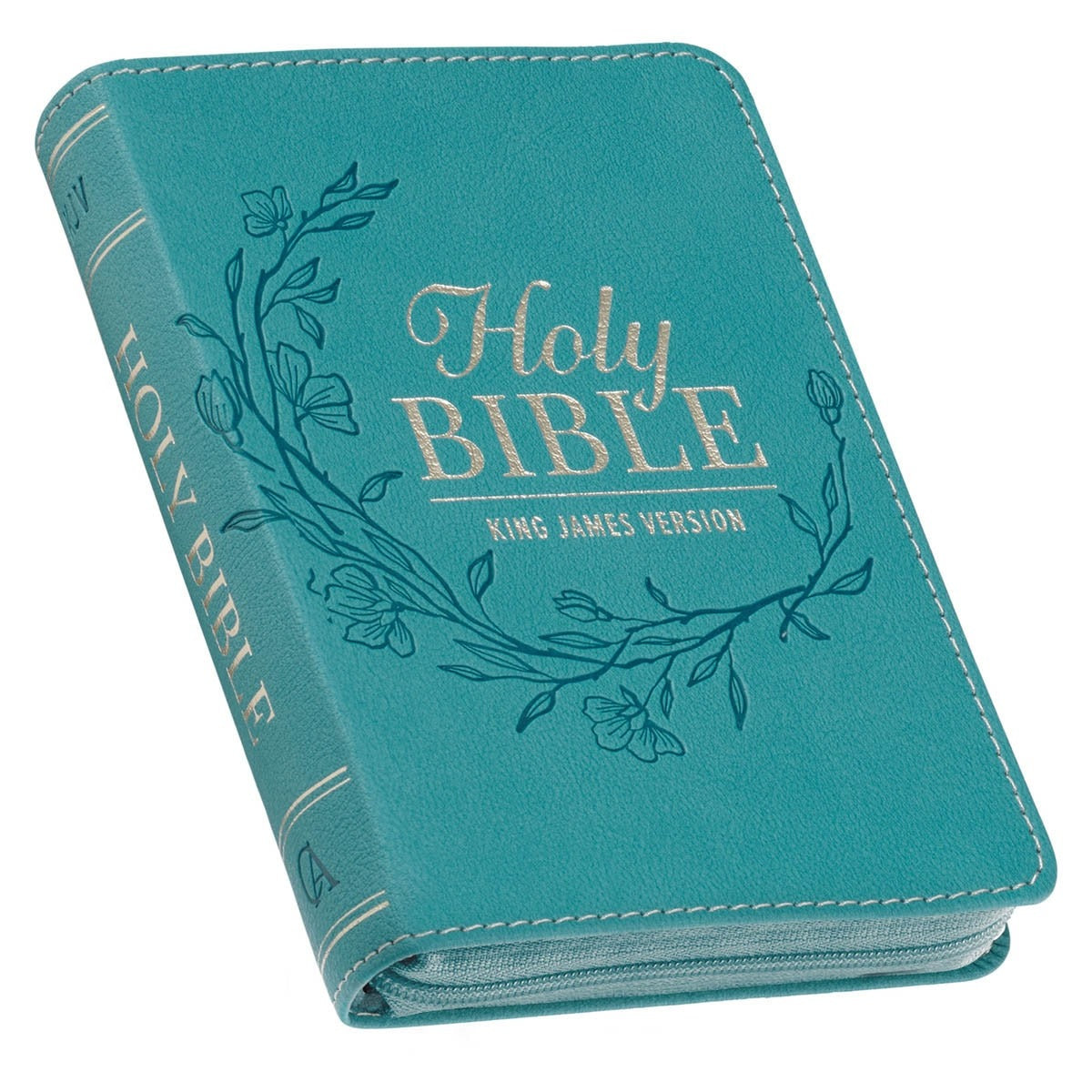 Compact aqua faux leather King James Version pocket Bible with floral design and zipper closure on edges