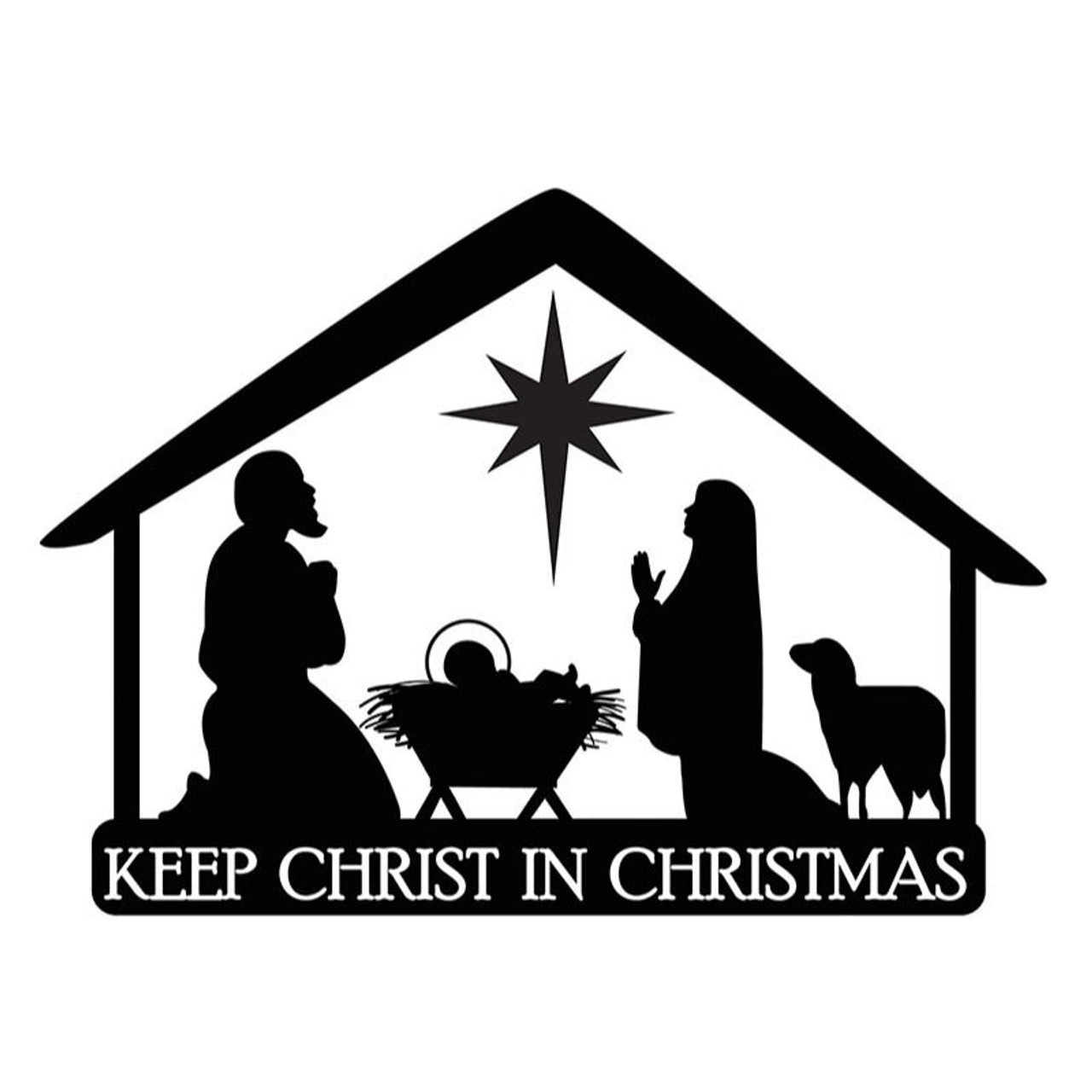 Black silhouette auto magnet of Nativity scene with Mary, Joseph, baby Jesus, lamb, and "Keep Christ in Christmas" text