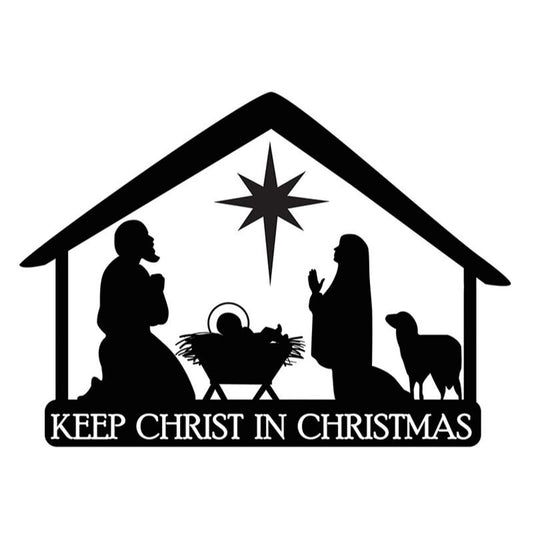 Black silhouette auto magnet of Nativity scene with Mary, Joseph, baby Jesus, lamb, and "Keep Christ in Christmas" text