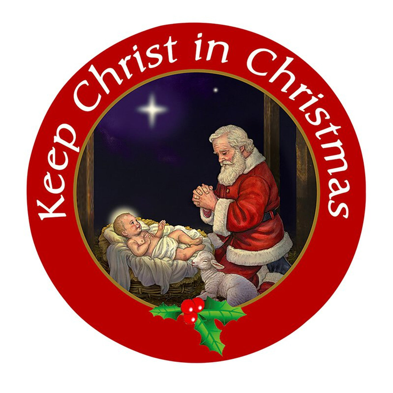 Round Keep Christ in Christmas auto magnet featuring Santa praying beside baby Jesus with lamb and holly accents