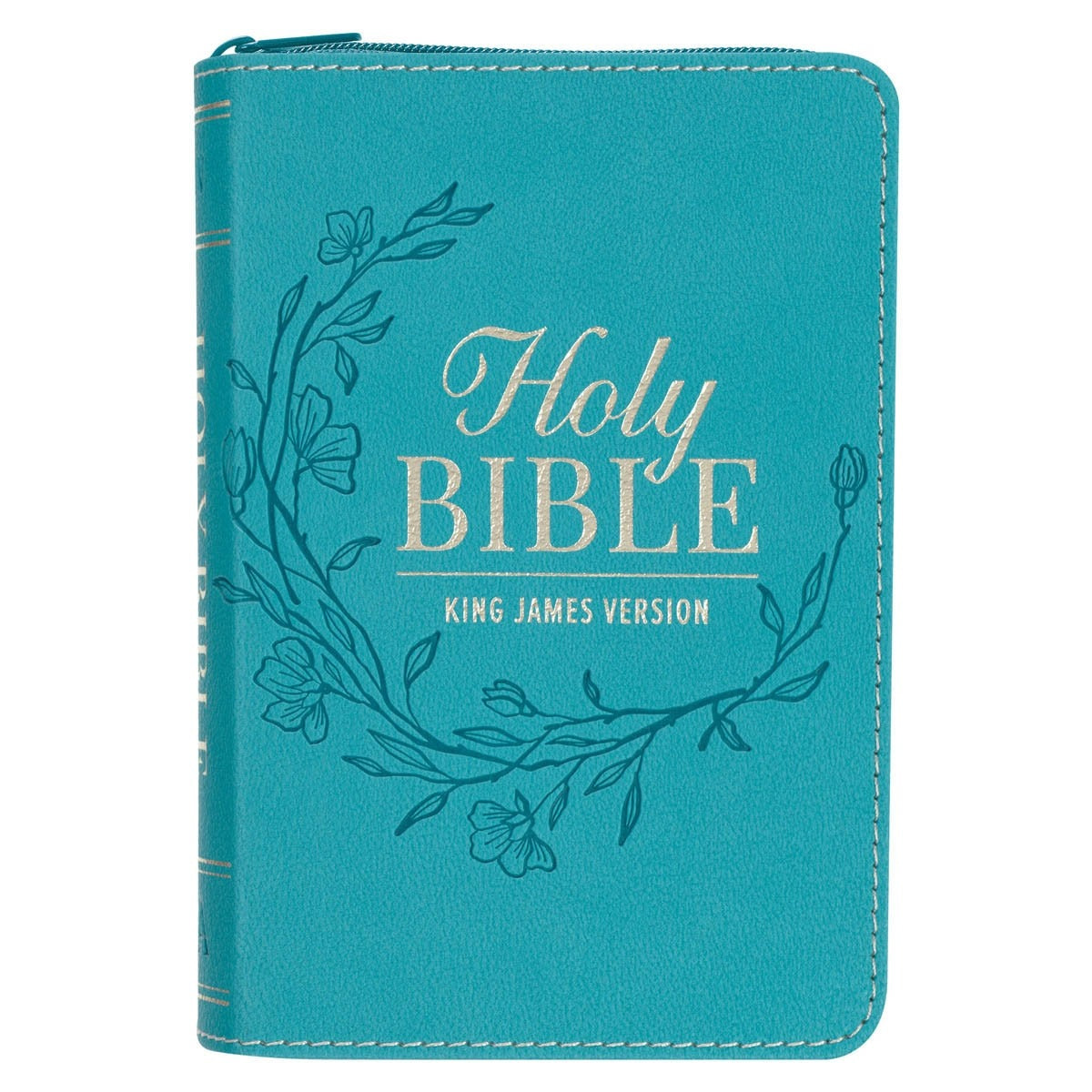 Aqua faux leather King James Version pocket Bible with zipper closure and floral vine design on cover