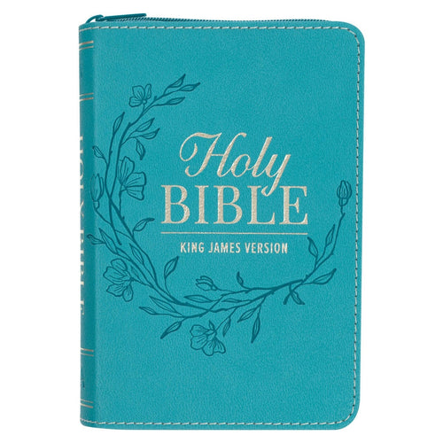 Aqua faux leather King James Version pocket Bible with zipper closure and floral vine design on cover