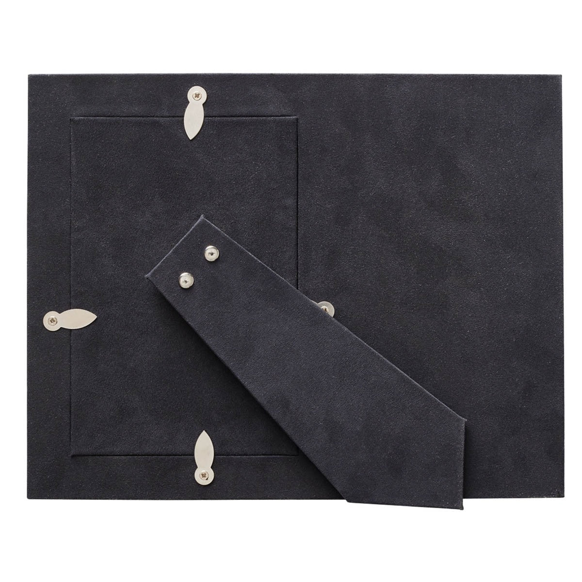 Charcoal faux leather graduation photo frame backing with gold stitching, metal clasps, and adjustable stand support