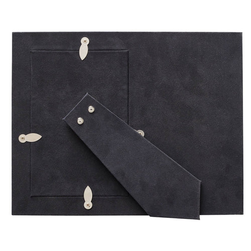 Charcoal faux leather graduation photo frame backing with gold stitching, metal clasps, and adjustable stand support