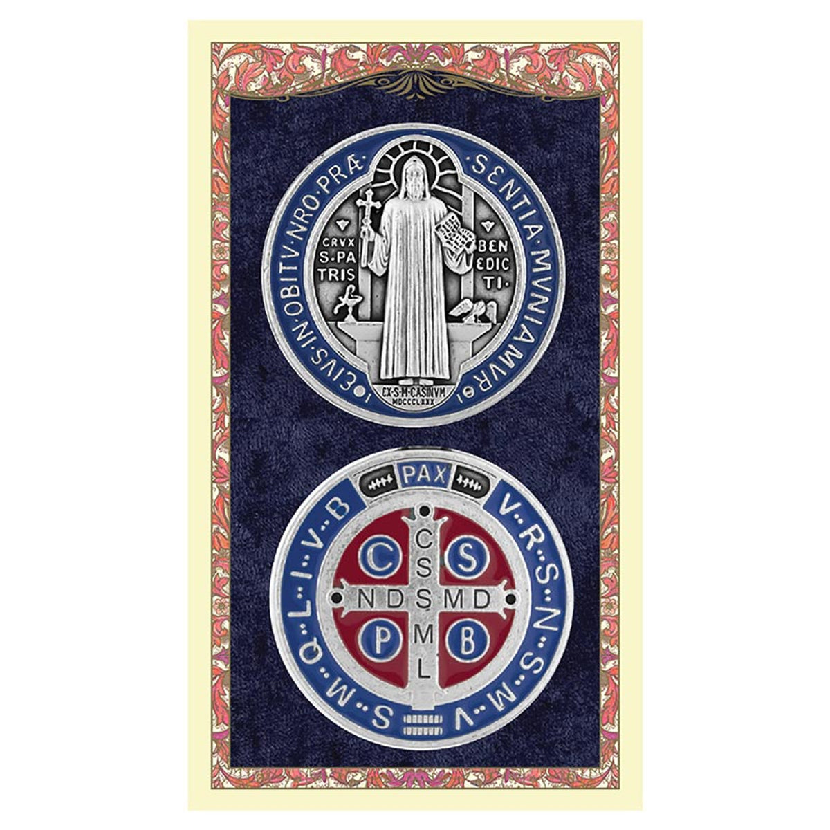 Sacred laminated card featuring the Saint Benedict medal with gold embossing and prayer on the back