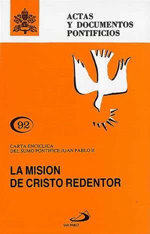 La Mision de Cristo Redentor encyclical booklet by Pope John Paul II with dove illustration on orange cover