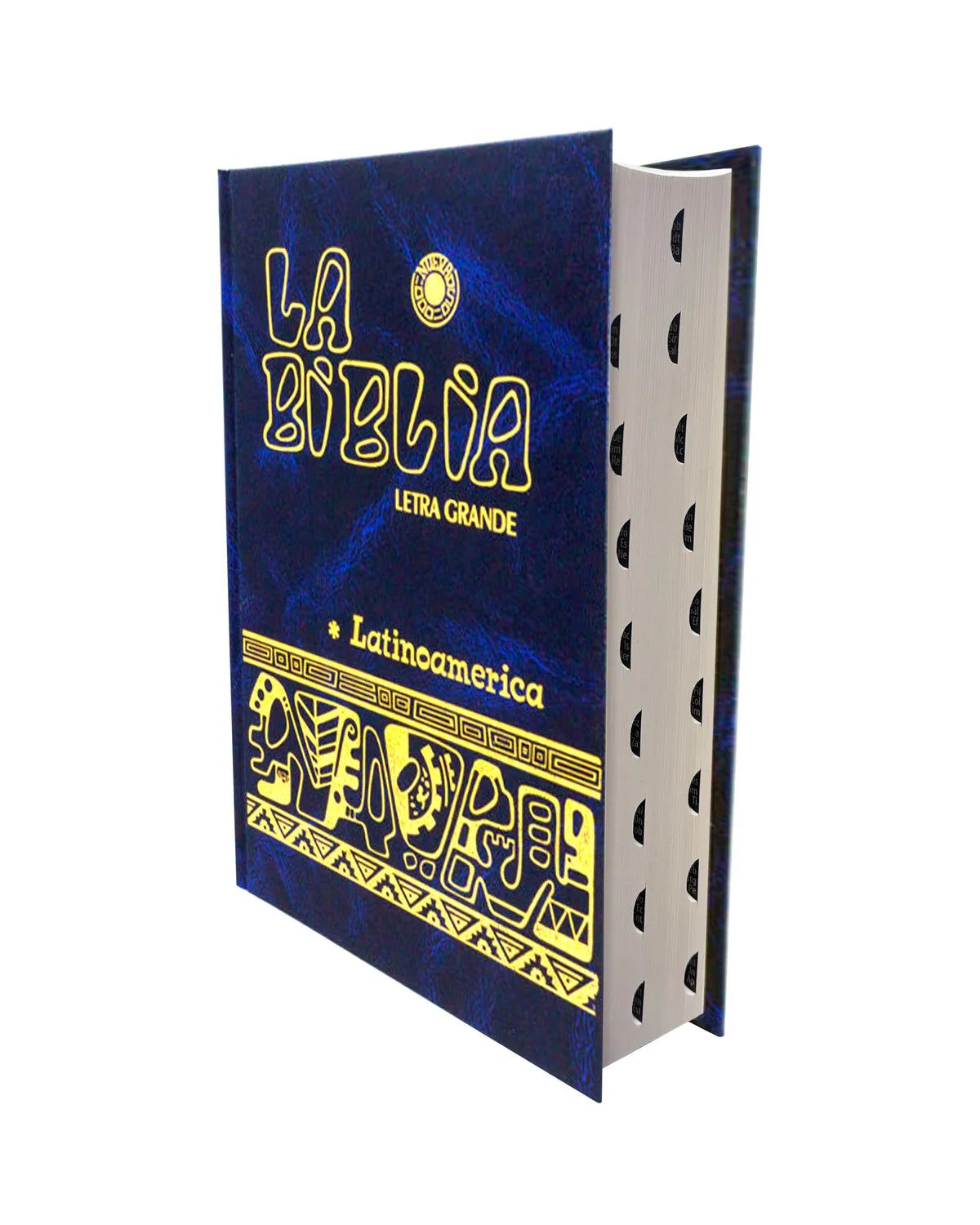 Blue large print La Biblia Latinoamérica Bible with index tabs and decorative yellow lettering on the cover