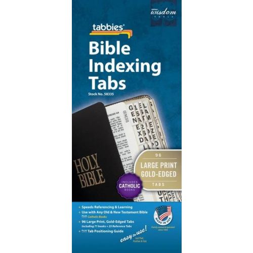 Large print Bible indexing tabs with gold edges, includes Catholic books, 90 assorted tabs for old and new testament.