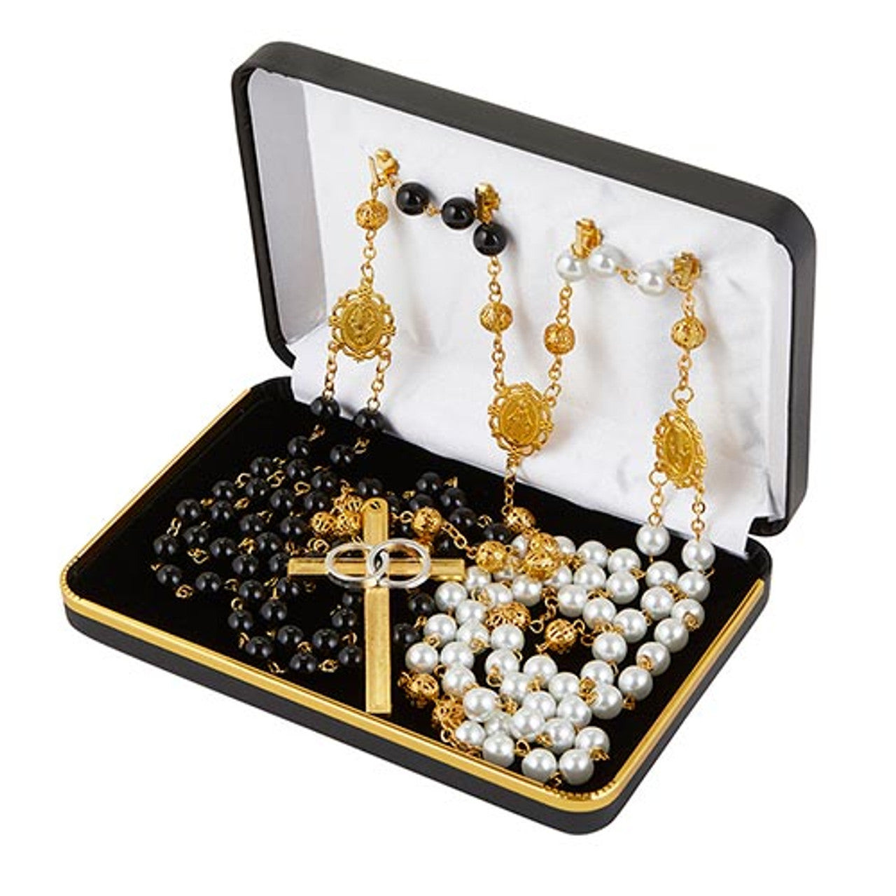 10mm gold faux pearl and black bead lasso rosary with gold medallions and crucifix, displayed in black and white presentation box