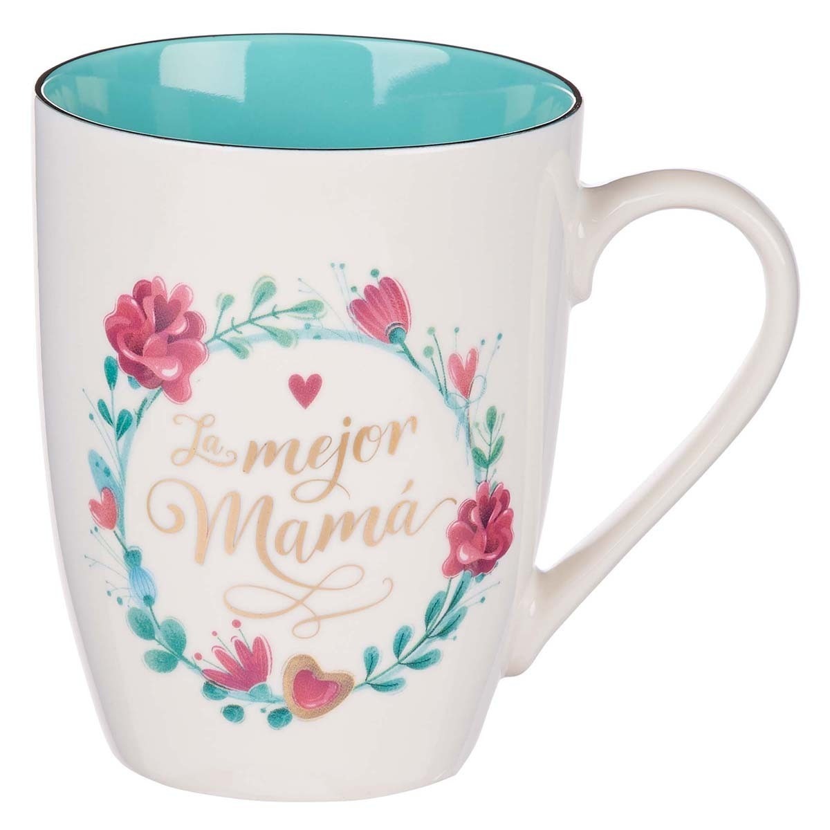 11oz white ceramic mug with turquoise interior and floral wreath design reading La Mejor Mamá in gold script