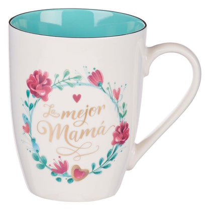 11oz white ceramic mug with turquoise interior and floral wreath design reading La Mejor Mamá in gold script