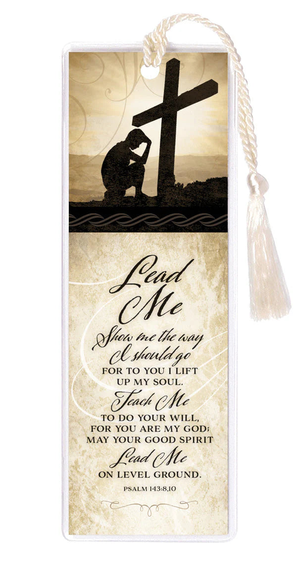 Rectangular bookmark with tassel featuring silhouette of kneeling person by cross and Psalm 143:8,10 prayer text design