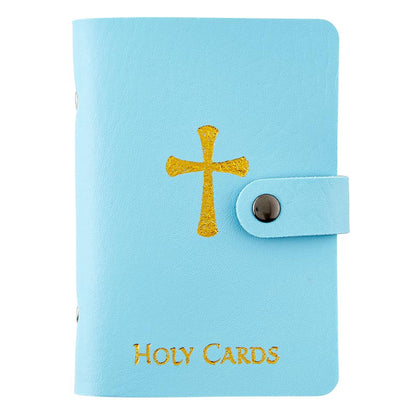 Light blue holy card wallet with gold cross detail, snap closure, and durable faux leather cover, holds 40 cards.