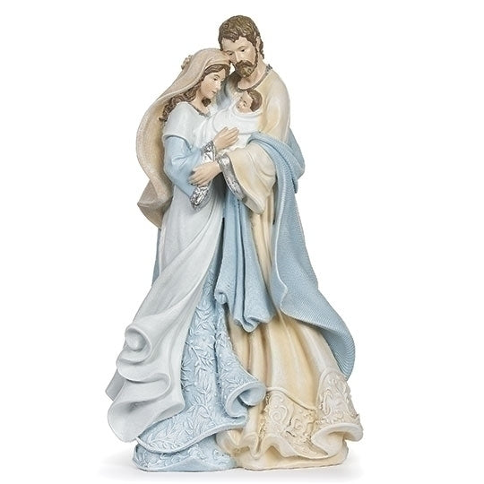 10" Holy Family statue with light blue leaf pattern, poly resin craftsmanship, and detailed flowing robes design