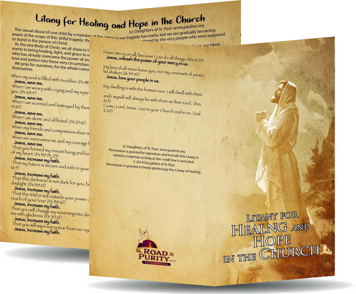 Folded card with Litany for Healing and Hope in the Church prayer, printed on heavy laminated card stock, 3 by 6 inches.