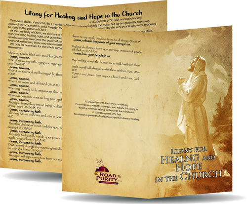 Folded card with Litany for Healing and Hope in the Church prayer, printed on heavy laminated card stock, 3 by 6 inches.
