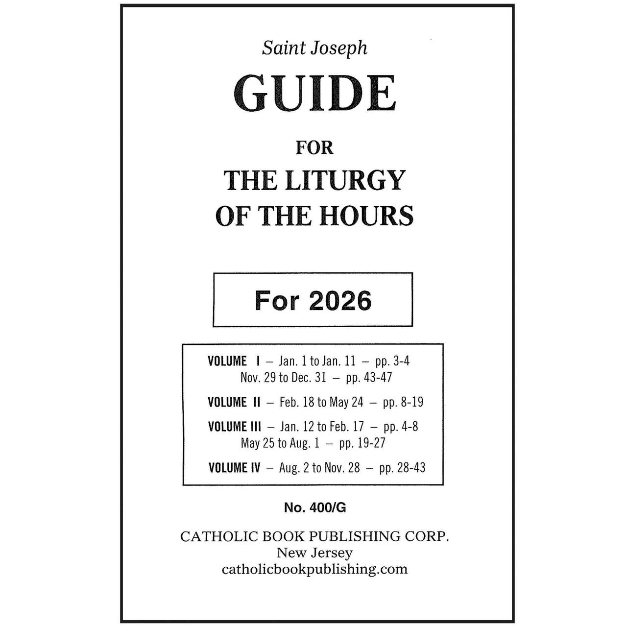 Saint Joseph Guide for the Liturgy of the Hours 2026 with clear daily references and volume details on front cover.