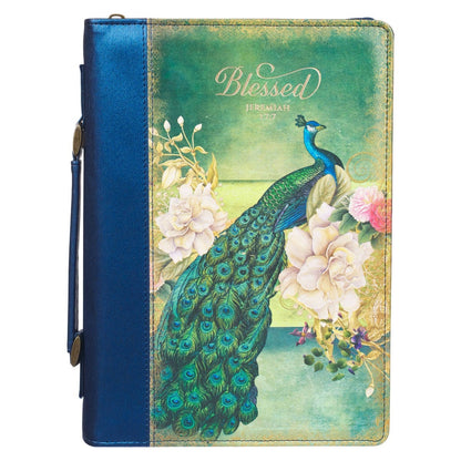 Large Blessed peacock blue faux leather Bible cover with floral design and Jeremiah 29:7 scripture detail
