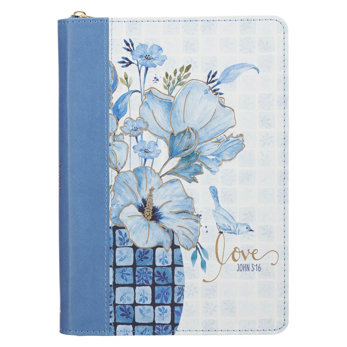 Love Blue Floral Tile faux leather journal with zipper, blue flowers, bird illustration, and John 3:16 inscription
