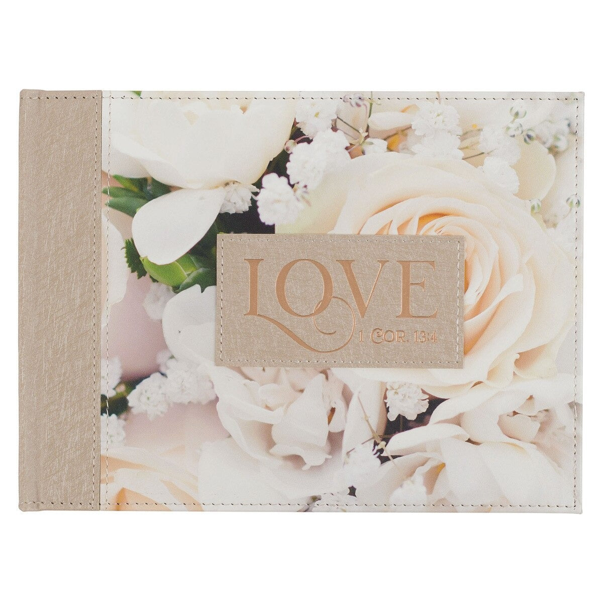 Medium ivory faux leather guest book with embossed LOVE and soft floral cover design for weddings or special events