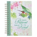 Love is Patient Large Wirebound Journal with green hummingbird, floral design, and 1 Corinthians 13:4 inspirational scripture cover