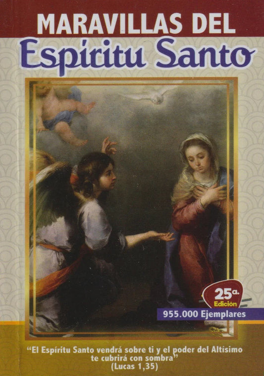 Religious book cover titled Maravillas del Espíritu Santo with classic painting of angel, Mary, and dove symbolizing Holy Spirit