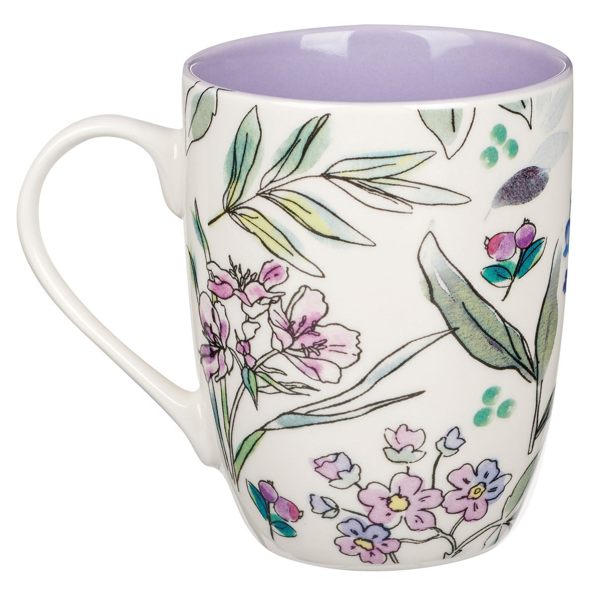 Ceramic mug with purple floral design and soft green leaves, white exterior, and lavender interior color