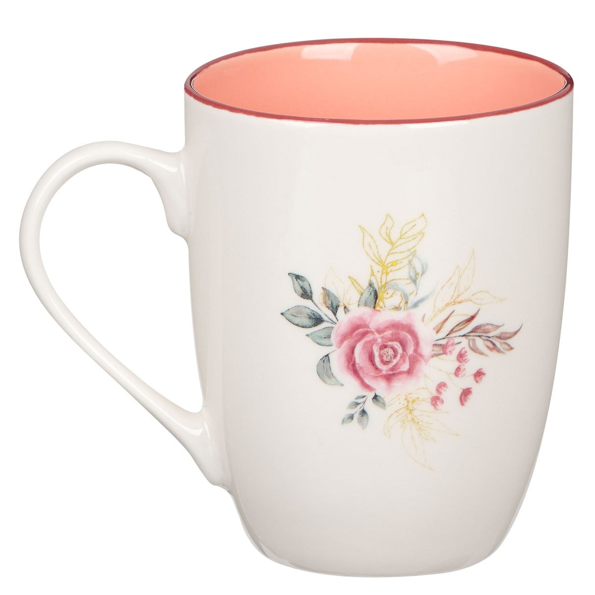 Ceramic coffee mug with pink floral cross design, white exterior and soft pink interior on white background