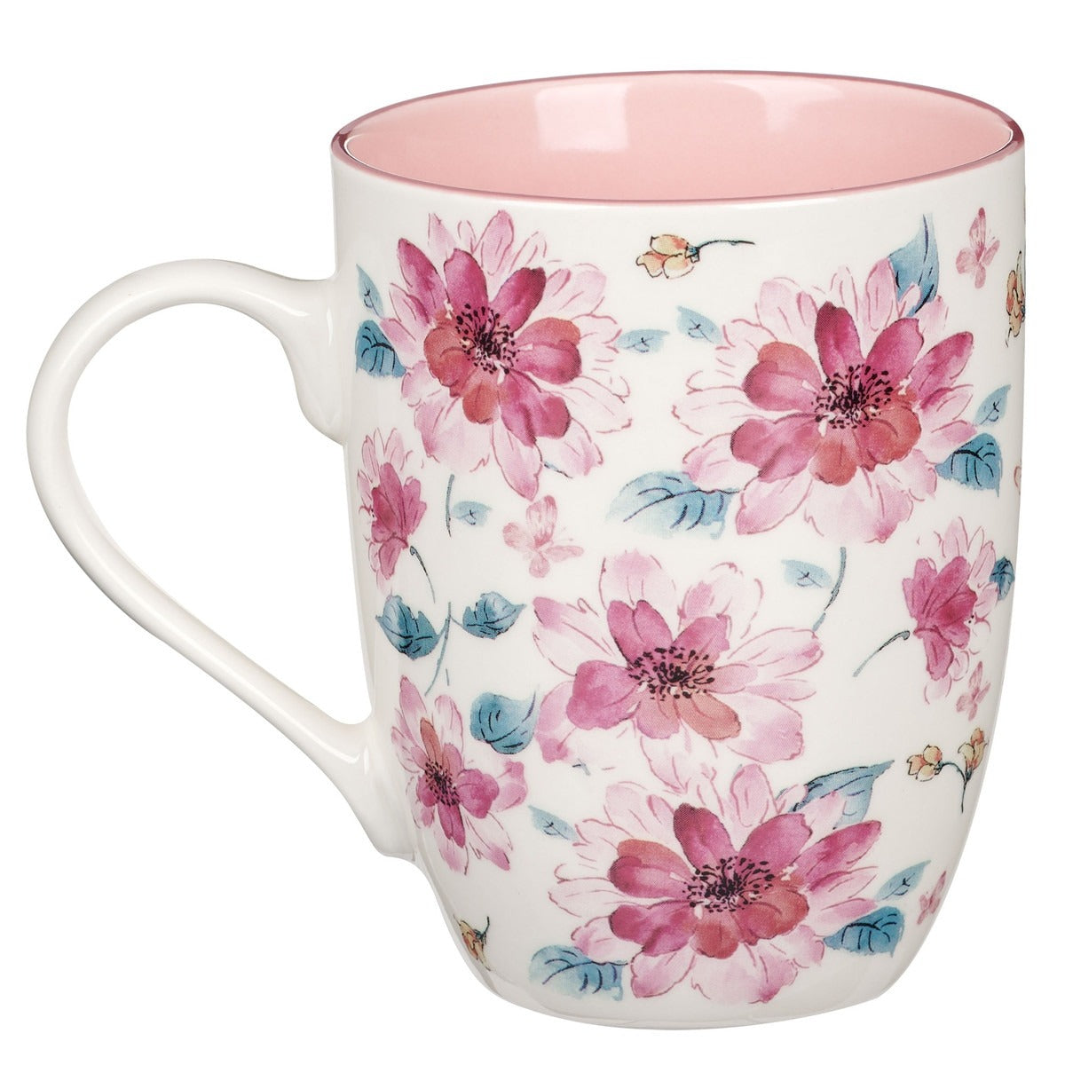 Ceramic coffee mug with pink floral design and soft pink interior, delicate and feminine style on white background