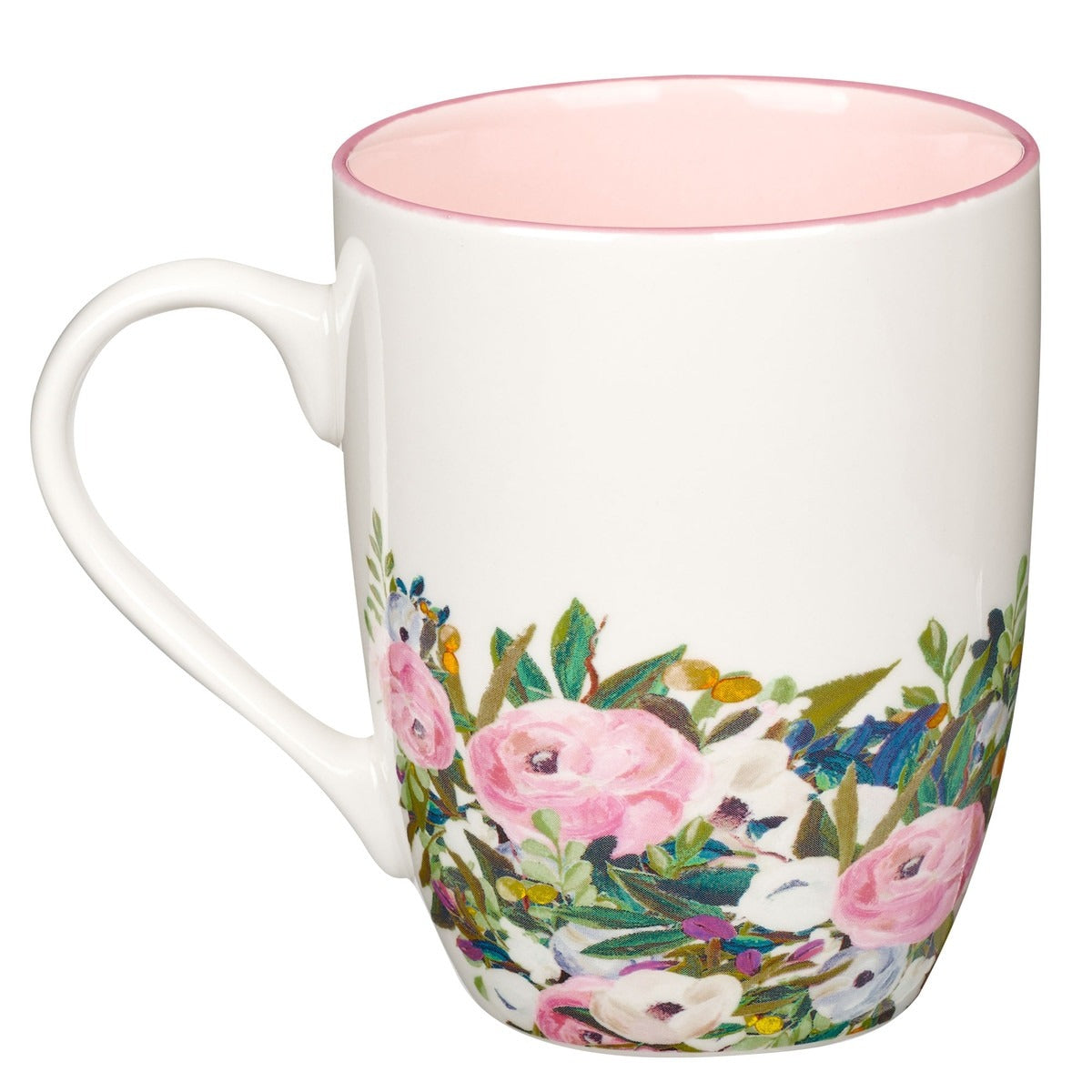 Ceramic coffee mug with pink interior and pink, white, and green floral design around the base