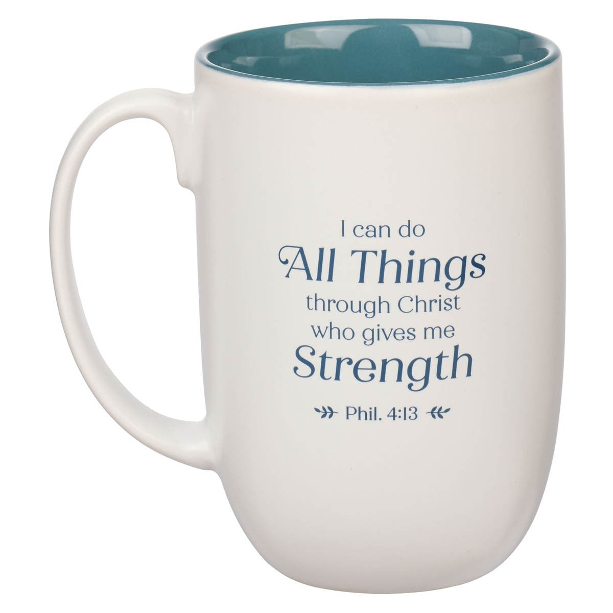 White ceramic coffee mug with teal interior featuring Proverbs 31:25 Bible verse in blue text