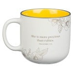 Daughters Make The Best Friends ceramic coffee mug with Proverbs 3:15 verse, yellow interior, and floral design on white exterior