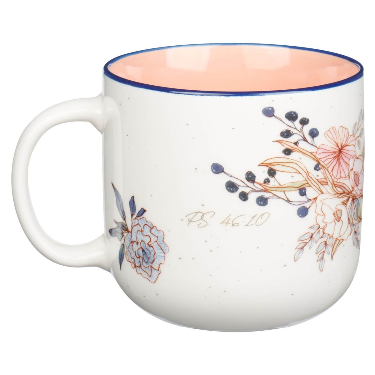 Ceramic coffee mug with peach interior and floral design featuring Psalm 46:10 scripture in delicate script