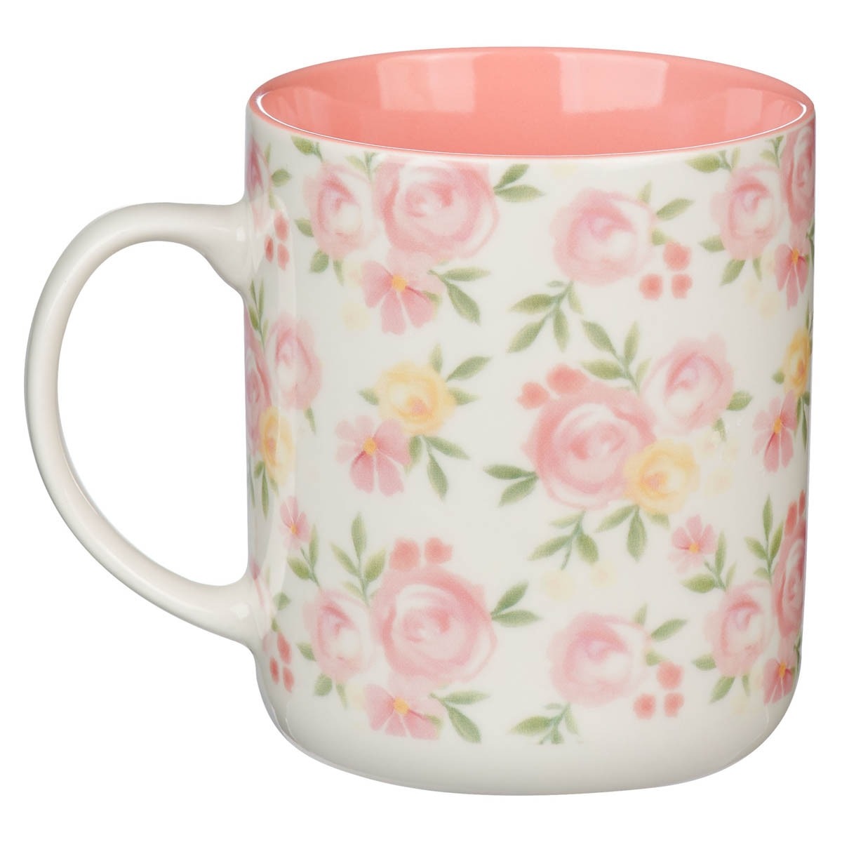 Ceramic coffee mug with pink and yellow rose pattern and soft pink interior for morning encouragement