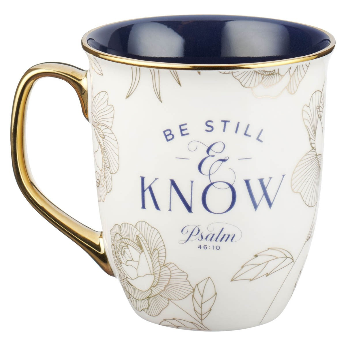 Ceramic mug with blue interior, gold handle, floral design, and "Be Still & Know Psalm 46:10" scripture text