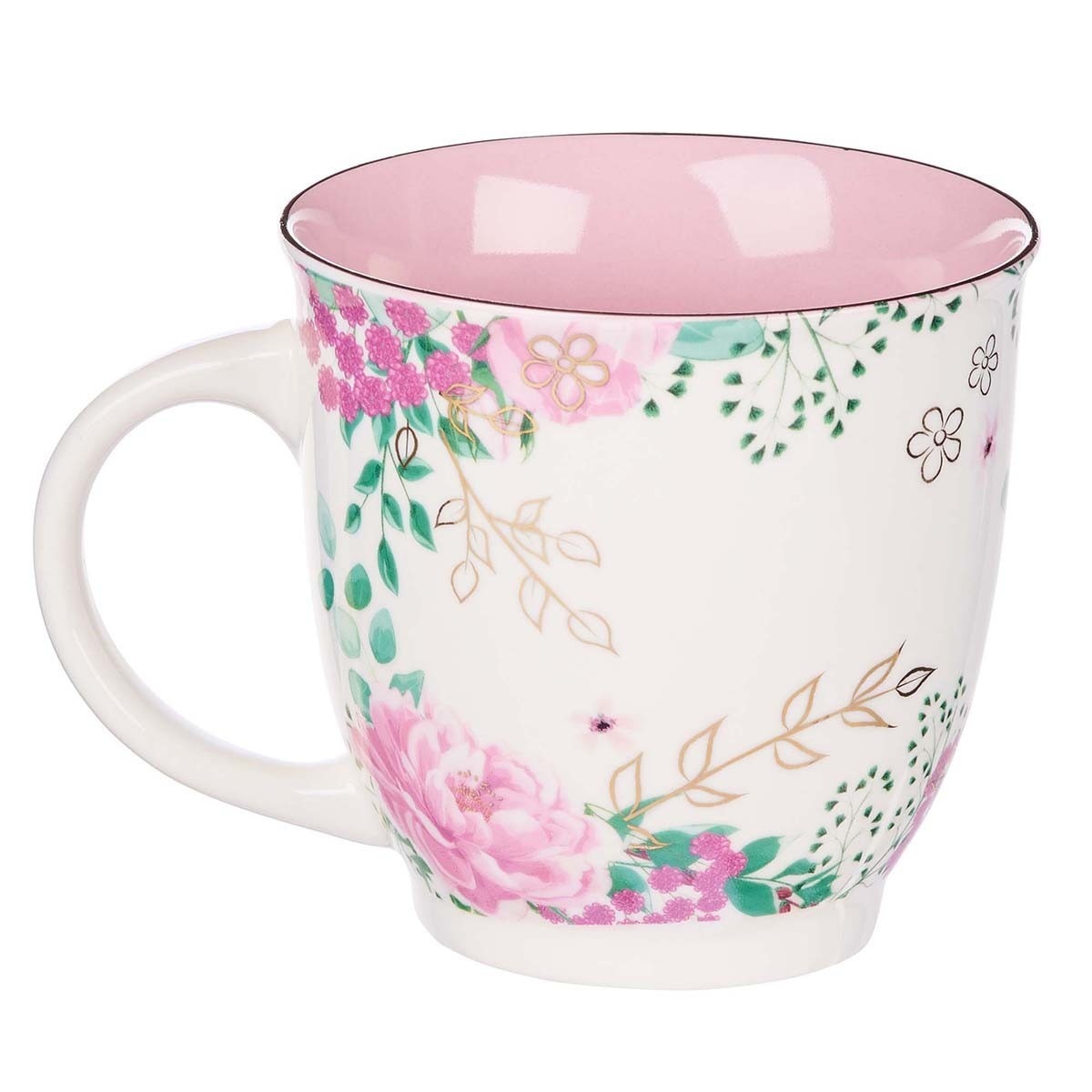 4 1/2" ceramic coffee mug with pink floral design, gold leaf accents, and glossy pink interior finish