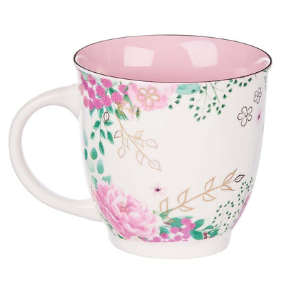 4 1/2" ceramic coffee mug with pink floral design, gold leaf accents, and glossy pink interior finish