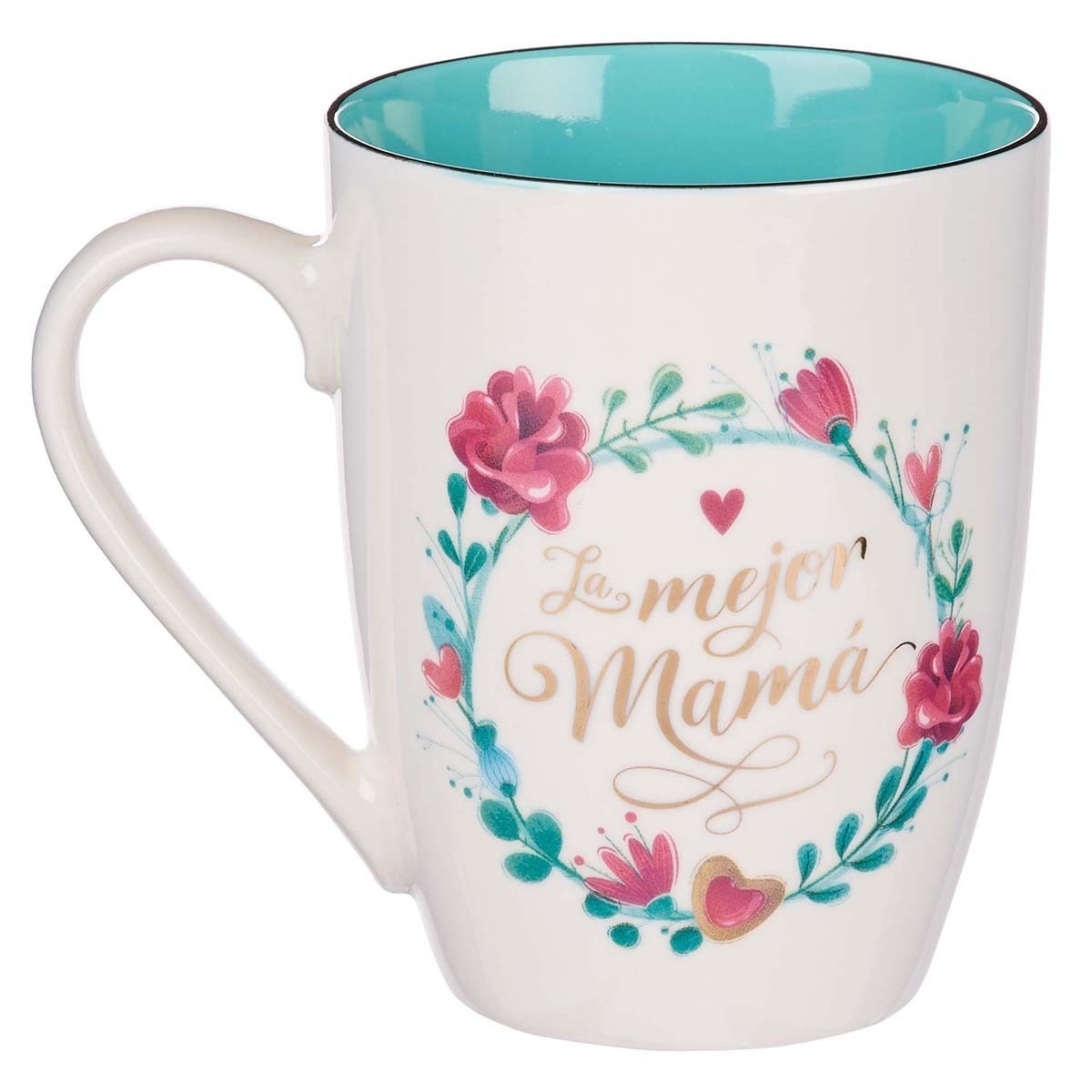 White ceramic mug with floral wreath design and "La Mejor Mamá" gold script text, blue interior rim detail