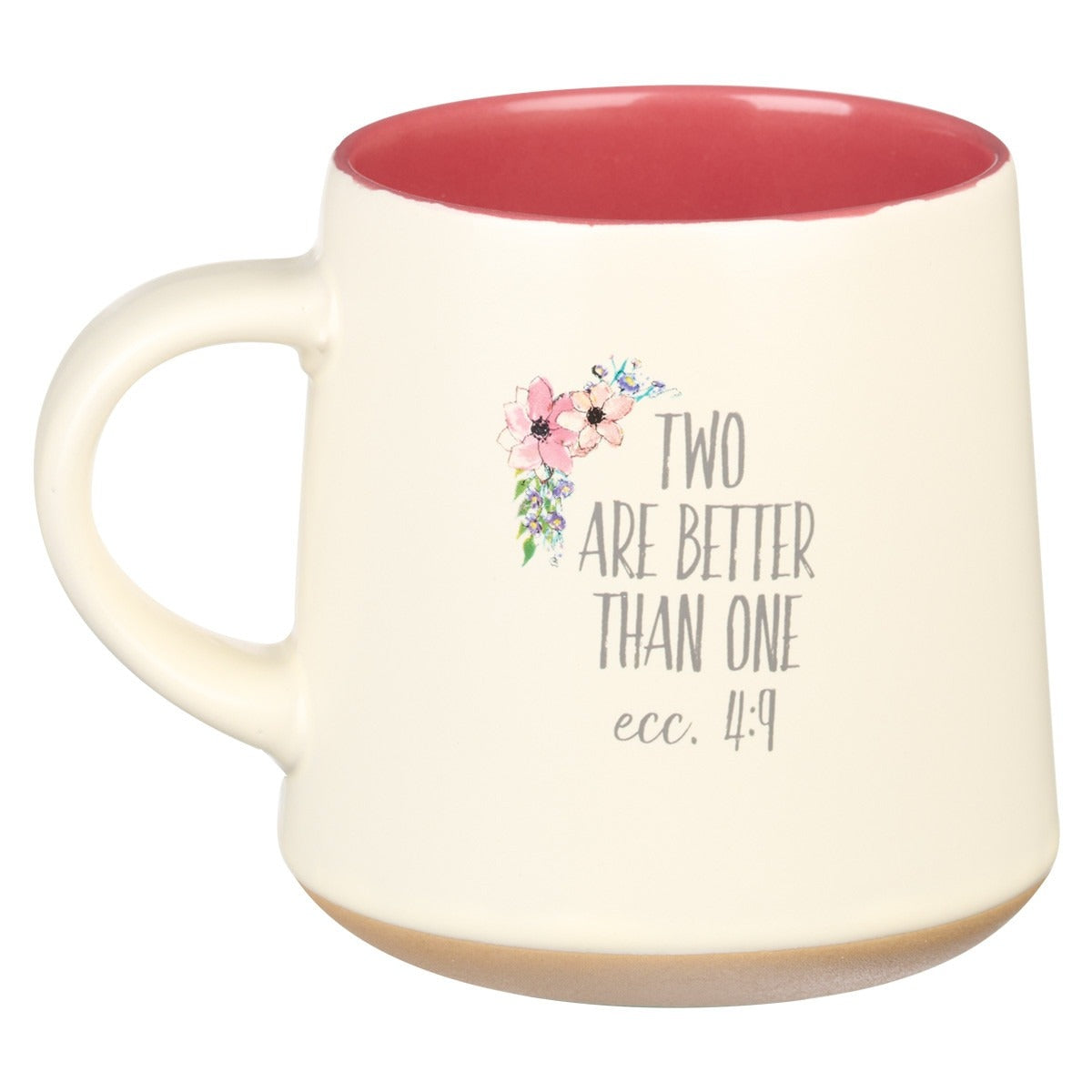 Cream ceramic mug with clay dipped base, pink interior, and floral Ecclesiastes 4:9 scripture design on front