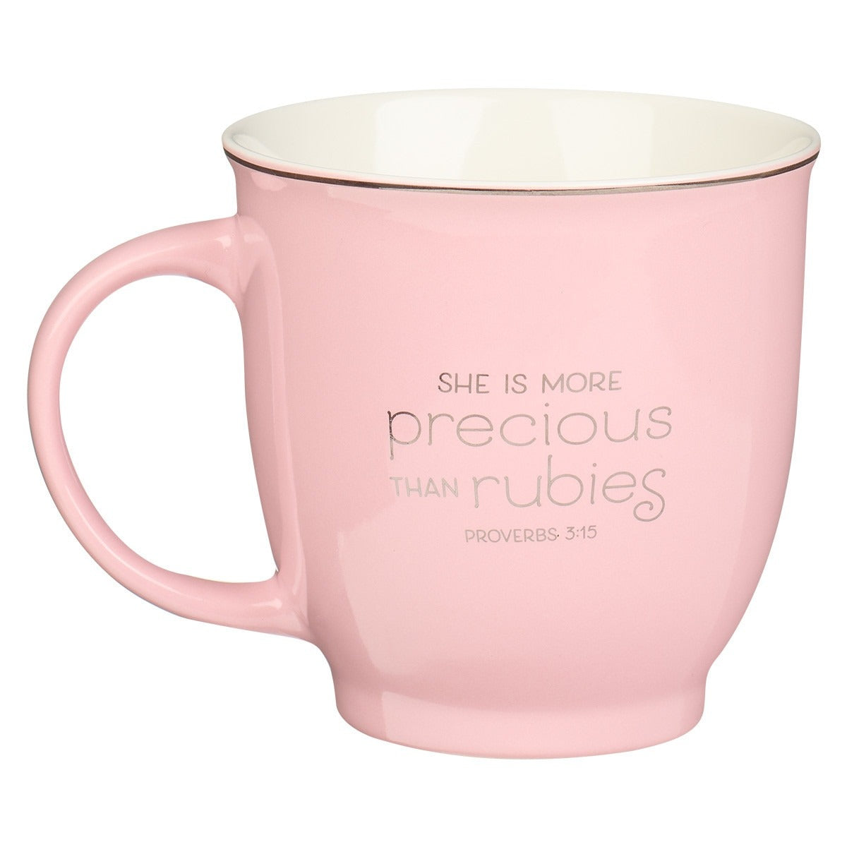Petal pink ceramic mug with Proverbs 3:15 quote "She is more precious than rubies" in elegant lettering