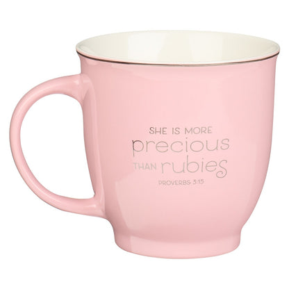 Petal pink ceramic mug with Proverbs 3:15 quote "She is more precious than rubies" in elegant lettering